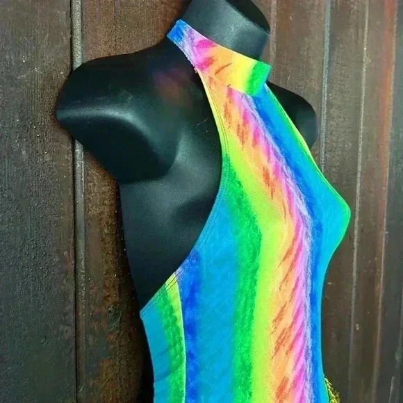 Vintage Rainbow Halter Neck Bell Bottom Flare Leg Jumpsuit Dance Costume 80s 90s - Picture 7 of 9